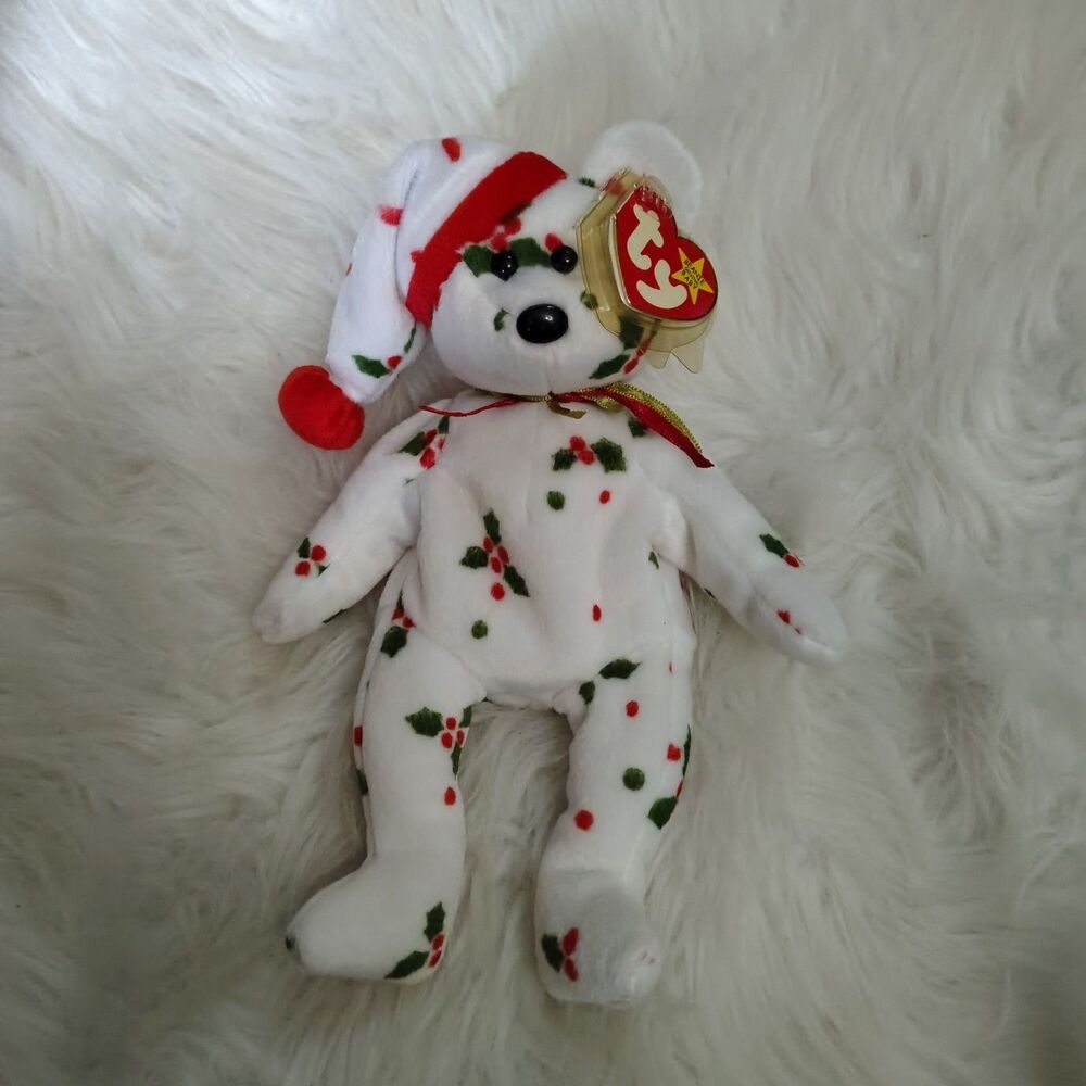 Ty Beanie Babies Holiday Teddy Bear White Plush Holly Print Santa Hat 1998